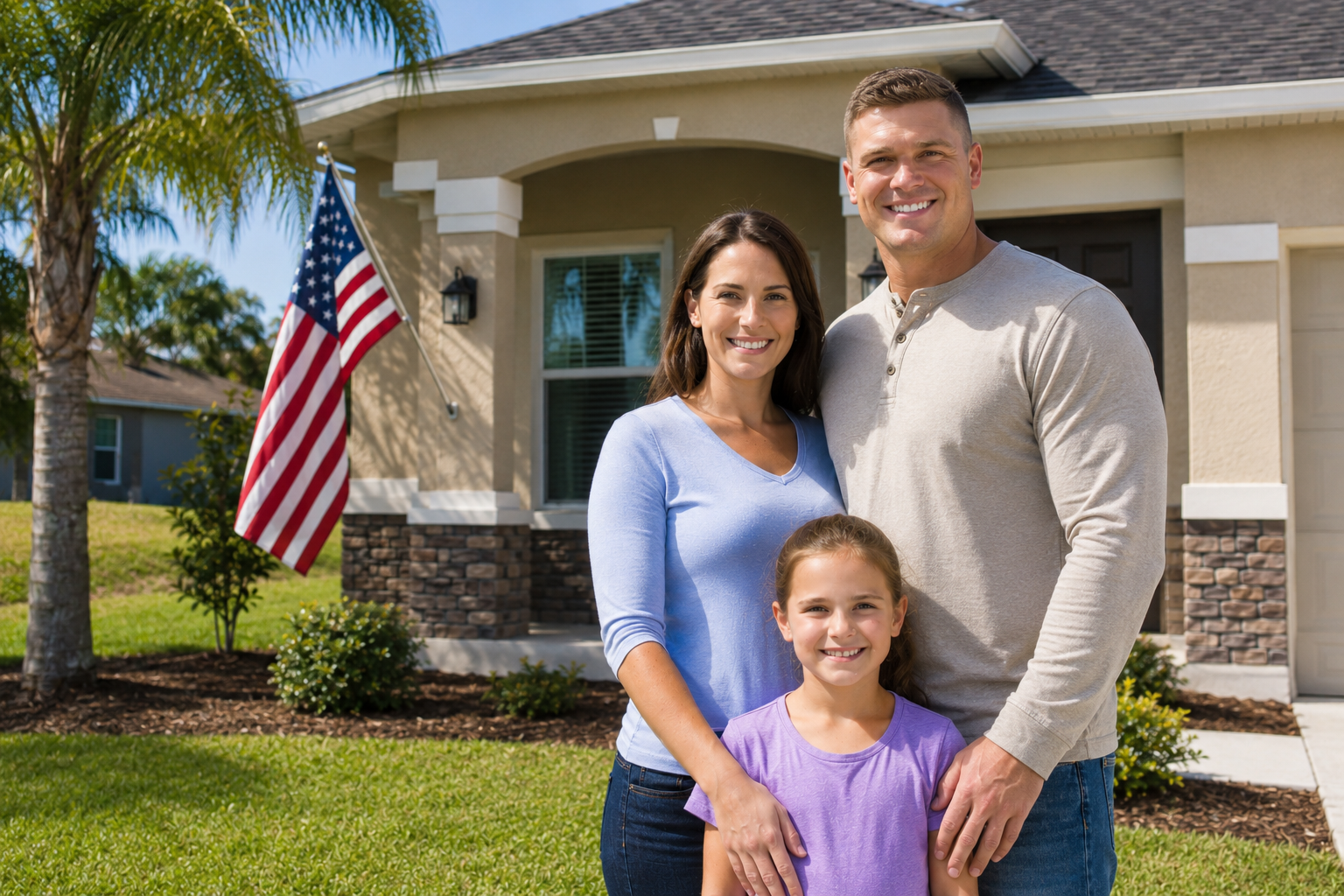 A veteran family outside a single-family home