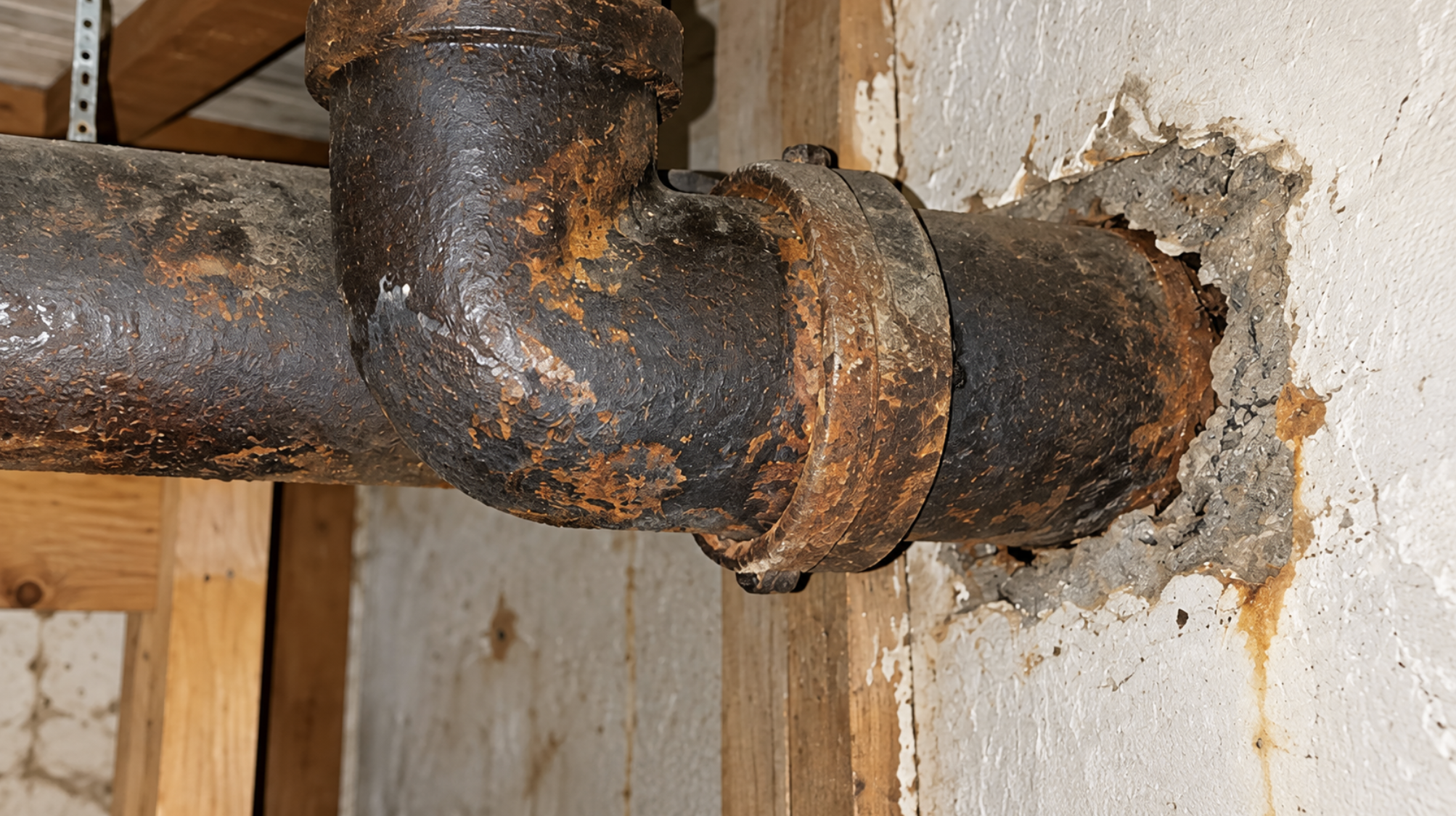 Corrosion on the outside of an exposed cast-iron drain pipe where it passes through a wall, the kind of detail a plumbing inspection looks for in an older Florida home
