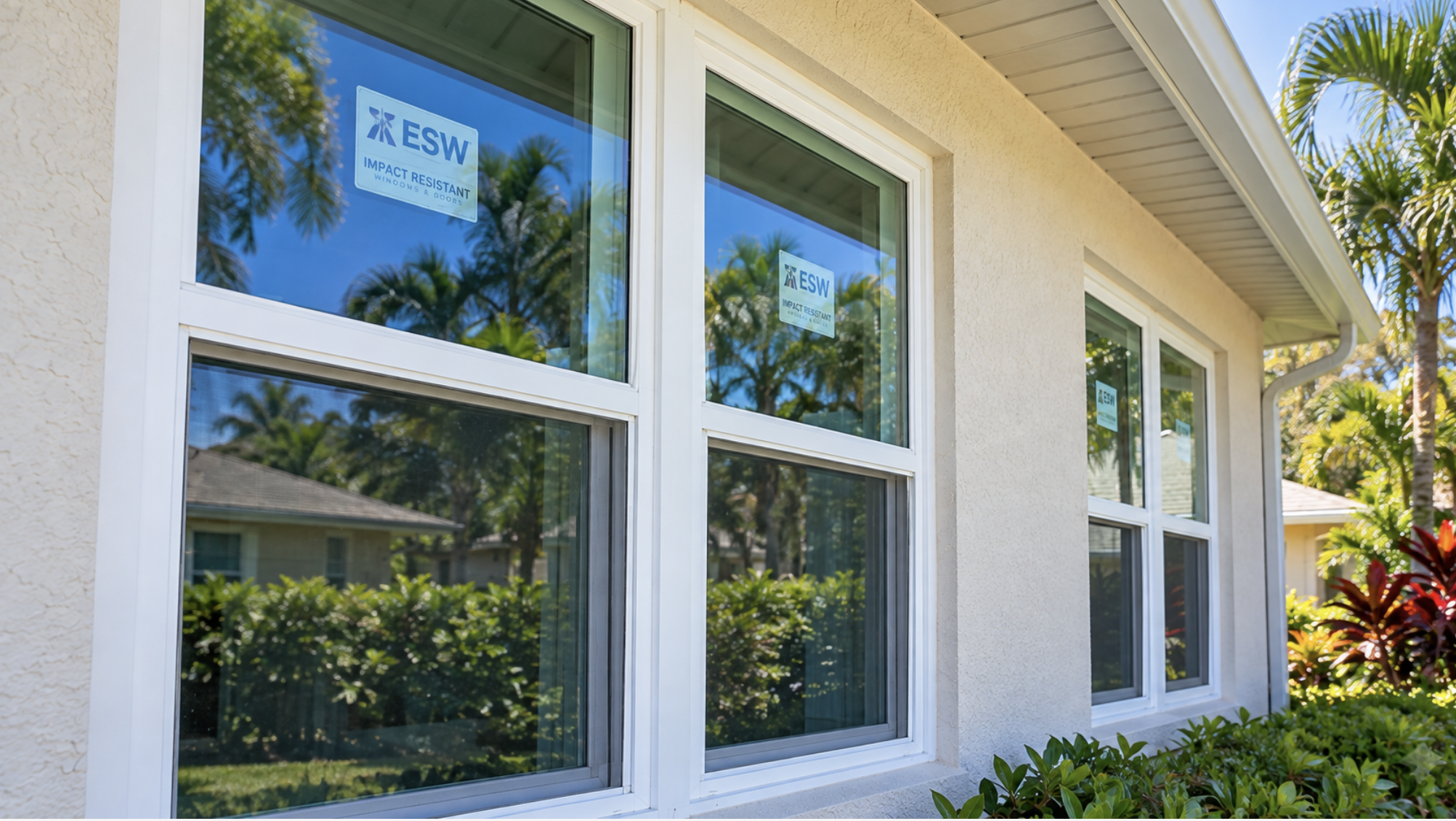 Newly installed impact-rated window on a light stucco Florida home, manufacturer label still on the glass, showing the kind of opening protection an insurer credits on a wind mitigation report