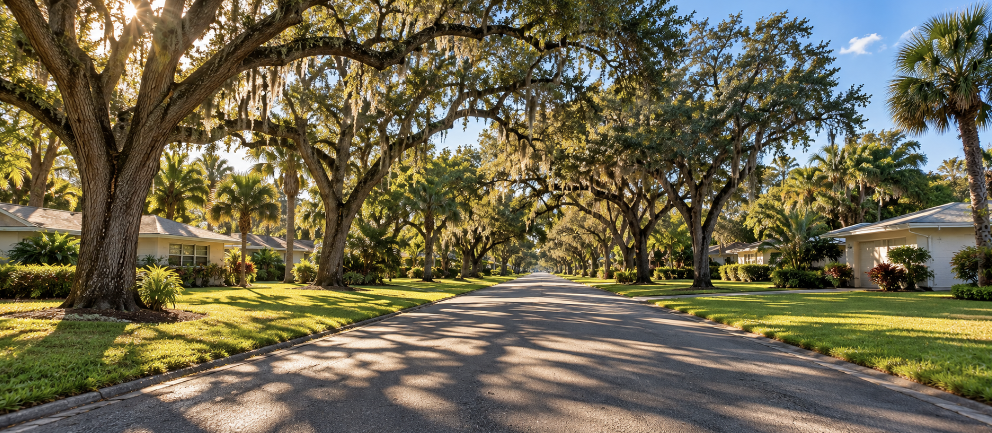 A quiet residential street lined with mature live oaks and single-story block homes on wide lots, the kind of established neighborhood found through much of West Bradenton